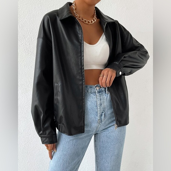 ZIP UP POCKETS PU Faux Leather Bomber Jacket - Picture 8 of 8